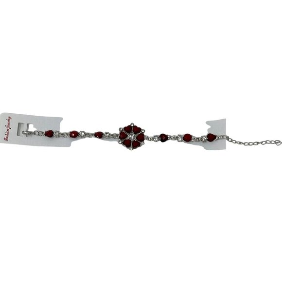 Charming Charlie Bracelet - Silver Plated Chain, Faux Garnet Stones and Rhinesto - Picture 4 of 5